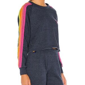Aviator Nation Lightning Bolt Navy Crewneck with Neon Striped Sleeves Large